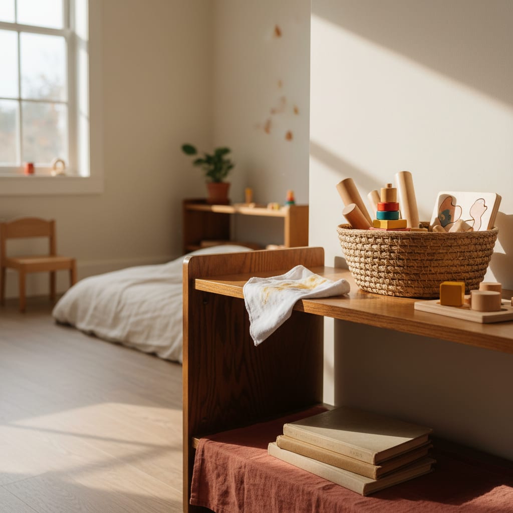 A low wooden shelf being restored, with Montessori materials waiting in a basket